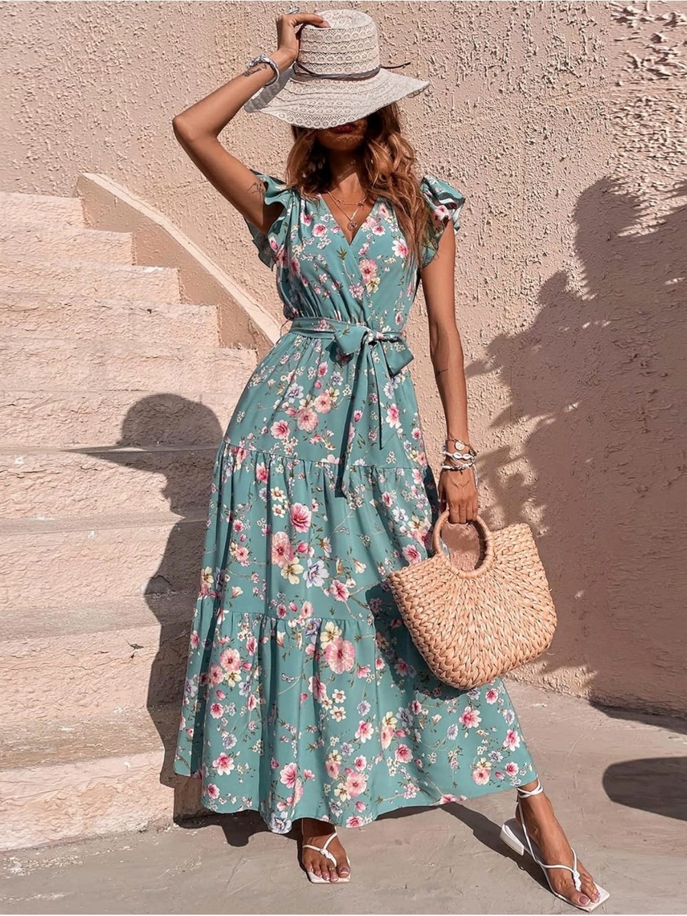 Boho Long Maxi Dress Floral Print Sleeve Ruffle Hem